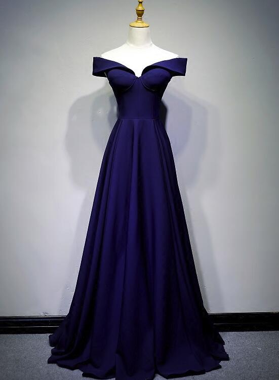 Blue Elegant Off Shoulder A-line Long Formal Gowns, Prom Gowns, Navy Blue Evening Dress