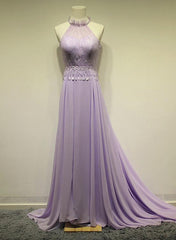 Lavender Chiffon Halter Romantic Sweep Train Formal Gowns, Pretty Party Dresses, Formal Gowns 2018