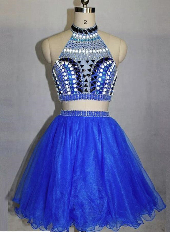 Two Piece Stylish Blue Party Dresses, Beaded Party Dress , Homecoming Dresses
