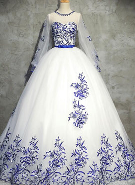 White Gorgeous Tulle Lace Applique Ball Gown, Formal Gowns, Blue Applique Gowns