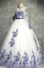 White Gorgeous Tulle Lace Applique Ball Gown, Formal Gowns, Blue Applique Gowns