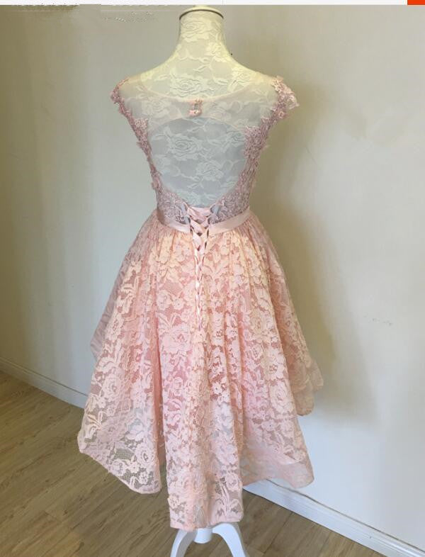 Pink Elegant Lace High Low Formal Dress, Round Neckline Party Dress, Lace Applique Formal Dresses