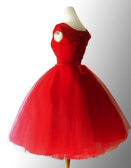 Red Tulle Round Neckline Party Dress, Vintage Red Party Dress, Beautiful Formal Dress, Homecoming Dress