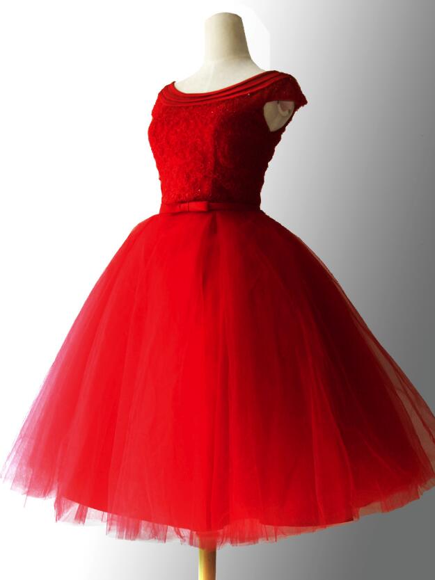 Red Tulle Round Neckline Party Dress, Vintage Red Party Dress, Beautiful Formal Dress, Homecoming Dress
