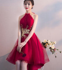 Wine Red Halter High Low Stylish Homecoming Dresses, Red Formal Dress, Pretty Party Dress