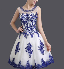 Pretty Blue Applique White Tulle Formal Dress, Lovely Party Dress, Graduation Dresses