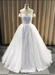 High Quality Handmade Tulle Off Shoulder White Formal Dress, White Bridal Gowns, Party Dresses