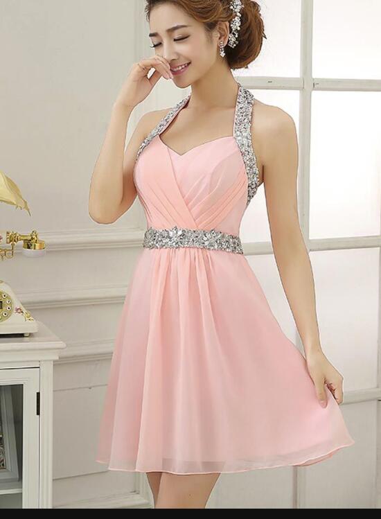 Pink Halter Cute Mini Chiffon Beaded Party Dress, Sequins Short Formal Dress, Pink Homecoming Dresses