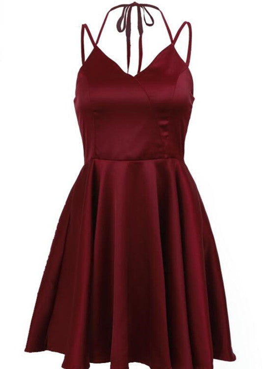 Dark Red Halter Satin Homecoming Dress, Burgundy Homecoming Dress, Pretty Formal Dress