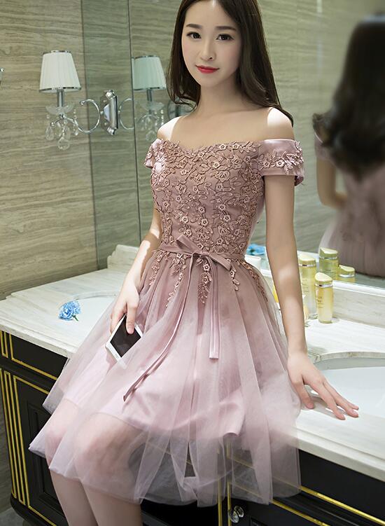 Dark Pink Tulle Off Shoulder Short Formal Dress, Bridesmaid Dresses for Pink Weddings, Pink Party Dress