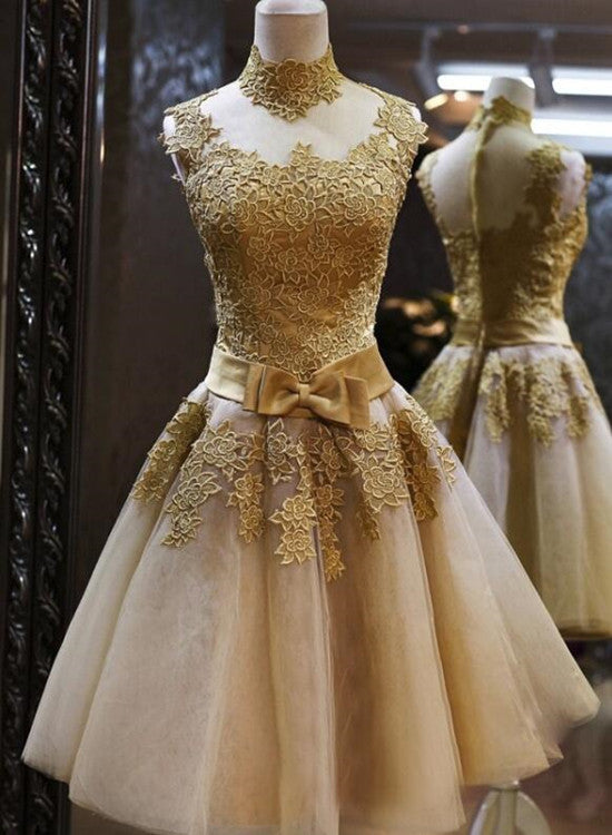 Gold Short Knee Length Lace Homecoming Dress , Short Prom Dress, Pretty Formal Dresses