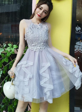 Grey Tulle and Applique O neckline Party Dress, Grey Women Dress, Homecoming Dress for Sale
