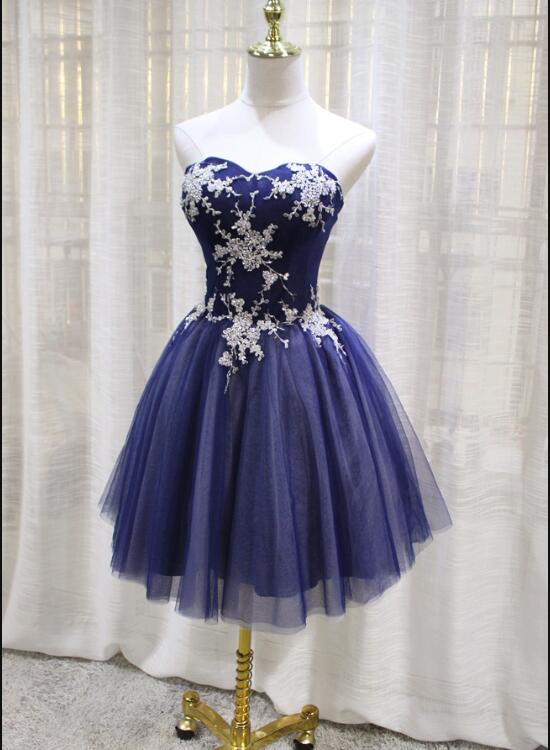 Blue Sweetheart with Applique Ball Homecoming Dresses, Dark Blue Tulle Short Party Dress