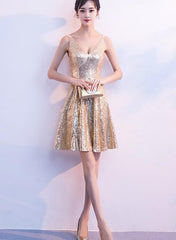 Gold Sequins V-neckline Short Evening Dress, Wedding Party Dress, Sequins Party Dress