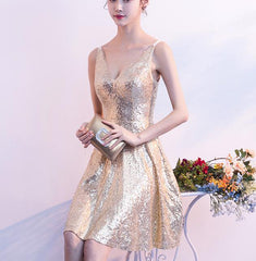 Gold Sequins V-neckline Short Evening Dress, Wedding Party Dress, Sequins Party Dress
