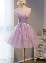 Light Purple Short Tulle Lace Cute Round Neckline Homecoming Dress, Short Formal Dress, Prom Dress