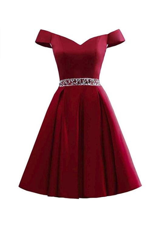 Wine Red Off Shoulder Satin Homecoming Dress, Cute Party Dress, Dark Red Homecoming Dress 2018