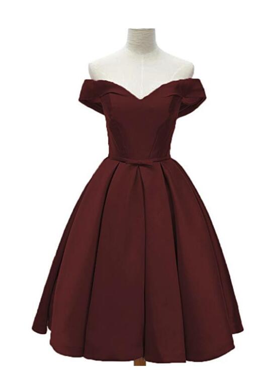 Off Shoulder Satin Burgundy Lace-up Homecoming Dress, Short Party Dress, Red Party Dresses