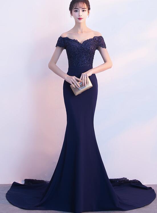 Navy Blue Elegant Spandex Mermaid Prom Dress with Off Shoulder Style, Pretty Party Dresses, Formal Dress