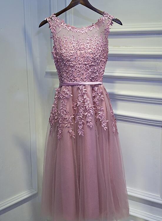 Lovely Dark Pink Beaded and Applique Cute Tea Length Tulle Formal Dress, O-neckline Party Dress