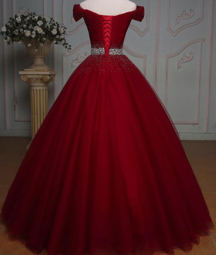 Dark Red Tulle Gorgeous Ball Gown, Burgundy Off Shoulder with Beaded W ...