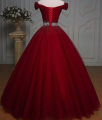 Dark Red Tulle Gorgeous Ball Gown, Burgundy Off Shoulder with Beaded Waist, Pretty Formal Dress