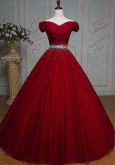 Dark Red Tulle Gorgeous Ball Gown, Burgundy Off Shoulder with Beaded Waist, Pretty Formal Dress