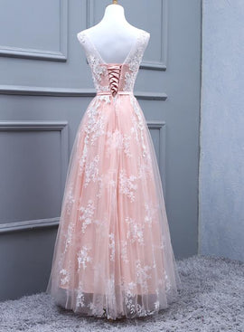 Tulle Pearl Pink Tulle V Back Long Elegant Party Dress, Pink Party Dress, Bridesmaid Dress