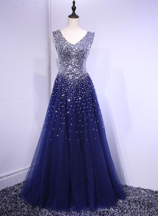 Navy Blue V-neckline Beaded Sparkle Tulle Formal Dress, Long Prom Dress, Sequins Party Dress