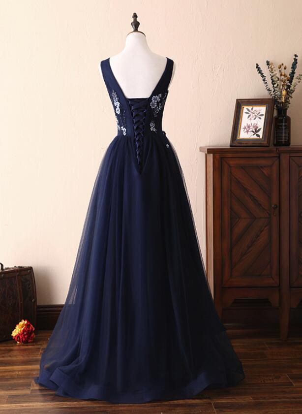 Navy Blue Round Neckline Tulle Formal Dress, Navy Blue Party Dress , Evening Dresses