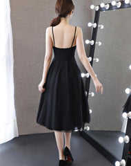 Pretty Chiffon and Tulle V-neckline Straps Knee Length Black Party Dress, Sexy Little Black Formal Dresses