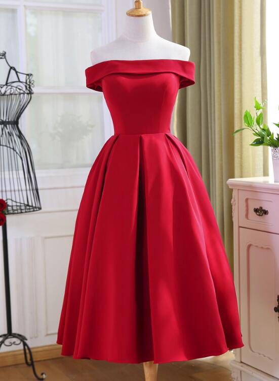 Red Tea Length Vintage Style Wedding Party Dress, Off Shoulder Formal Dress, Red Party Dress