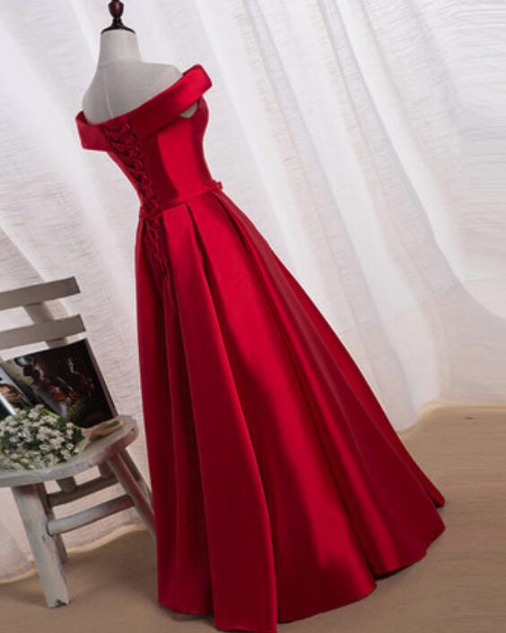 Red Satin Off Shoulder Gorgeous Party Dress, Red Party Dress, Red Formal Dress