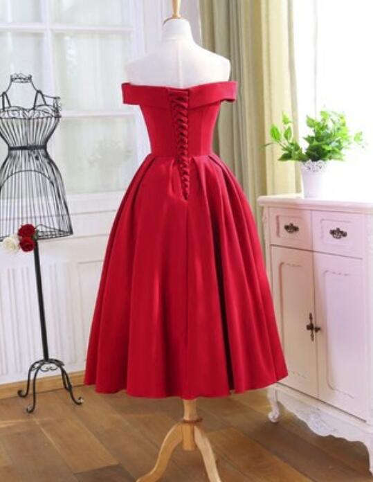 Red Tea Length Vintage Style Wedding Party Dress, Off Shoulder Formal Dress, Red Party Dress