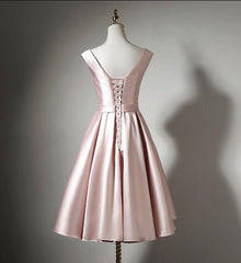 Light Pink Tea Length Satin Wedding Party Dress, Pink Evening Party Dress, Homecoming Dresses