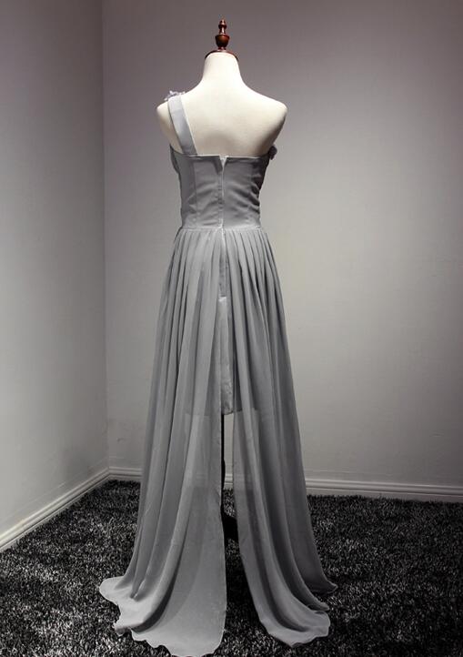 Grey One Shoulder Chiffon High Low Slit Homecoming Dress, Stylish Prom Dress, Women Formal Dress