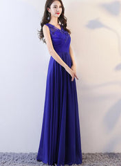 Royal Blue Chiffon V-neckline Long Party Dress with Applique, Elegant Formal Dress, Blue Long Prom Dress