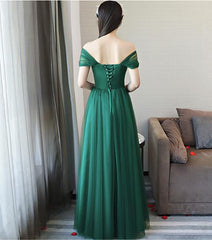 Dark Green Off Shoulder Long Formal Dress , A-line Party Dress, Charming Wedding Party Dress