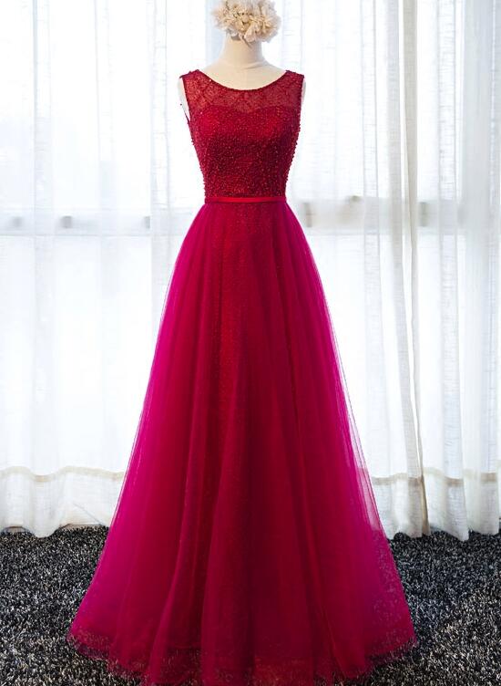 Wine Red Tulle Beaded Long Party Gowns, Handmade Formal Gowns, Prom Dresses