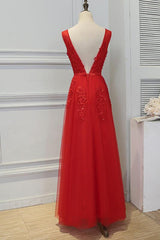 Beautiful Red Tulle V-neckline Long Party Dress , Red Tulle Party Dress, Handmade Formal Gowns
