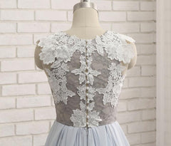 Beautiful Light Blue-Grey Chiffon Round Neckline Lace Elegant Formal Gowns, Prom Dresses, Chiffon Party Dresses