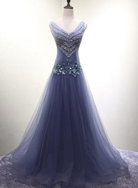 Beautiful Dark Blue Beaded V-neckline New Style Prom Dress , Long Formal Gowns, Prom Dresses