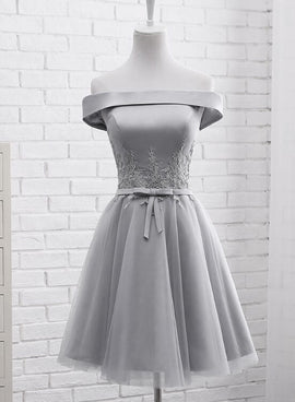 Simple Off Shoulder Grey Tulle Applique Bridesmaid Dresses, Knee Length Formal Dress, Party Dresses