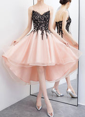 Lovely Straps Black Lace and Tulle Pink High Low Party Dresses, Lovely Formal Dress, Cute Party Dresses