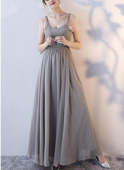 Grey Chiffon Long Bridesmaid Dresses, Floor Length Party Dress, Grey Wedding Party Dresses