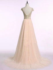 Champagne Tulle Long Prom Dress, Party Dresses, Beaded Formal Gowns