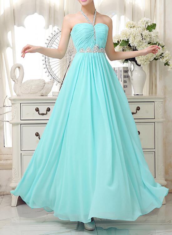 Light Blue Beaded Halter Chiffon Floor Length Party Dress, Prom Dress , Formal Gowns, Party Dress