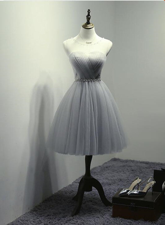 Grey Tulle Short Round Neckline Beaded Homecoming Dresses, Stylish Short Prom Dress, Party Dresses