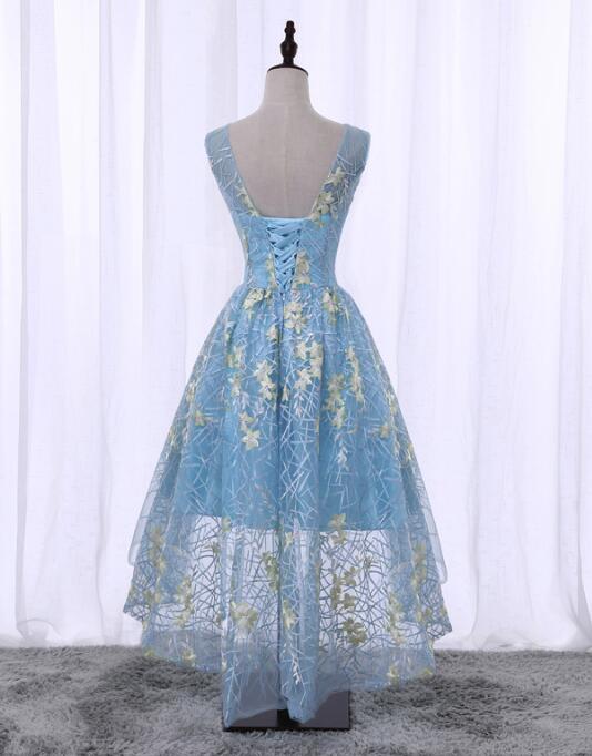 Light Blue High Low Floral Party Dresses, Lovely Formal Dresses, Cute Party Dress