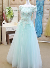 Ice Blue Off Shoulder Tulle Applique Elegant Evening Dresses, Long Formal Gowns, Blue Party Dresses